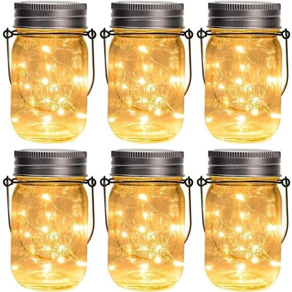 Hanging Mason Jar Solar Lights, 6 Pack 30 Led Hanging Solar Lanterns - Picture 1 of 8